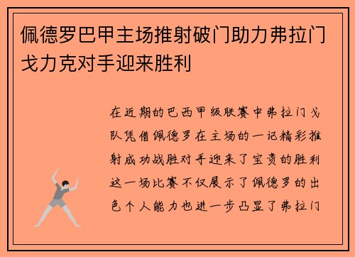 佩德罗巴甲主场推射破门助力弗拉门戈力克对手迎来胜利